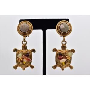 Robert Rose Vintage Turtle Clip On Earrings Cabochon Antiqued Brass Signed BinAY